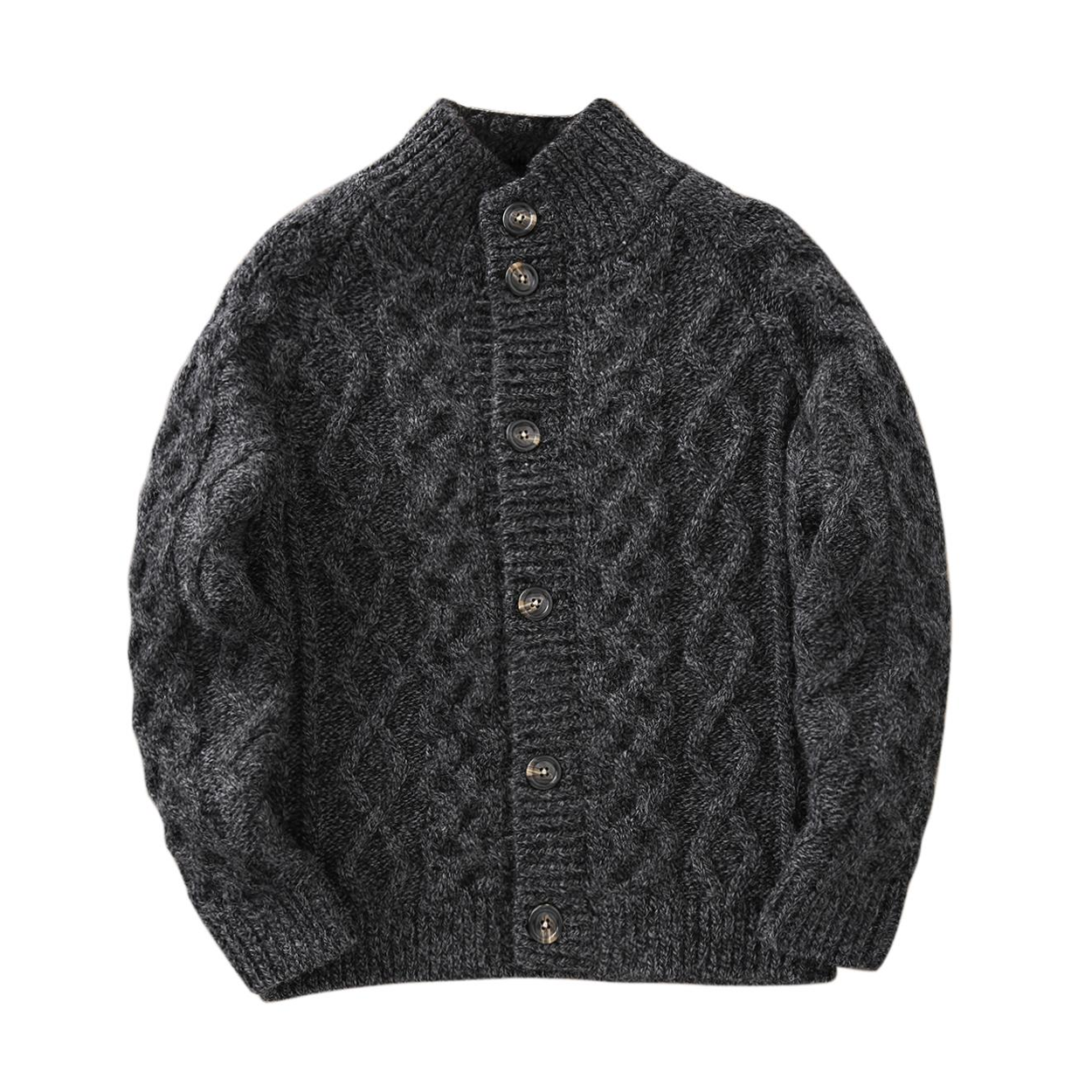 80% Wool Cable Knit Cardigan – Men's Stand Collar Raglan Sleeve Sweater