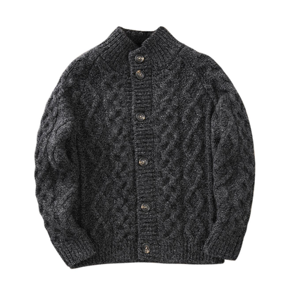 80% Wool Cable Knit Cardigan – Men's Stand Collar Raglan Sleeve Sweater