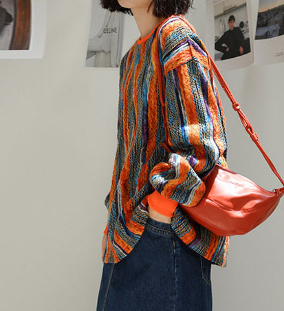 Colorful Striped Lazy Pullover Sweater – Thickened Crew-Neck Loose Fit (Women)