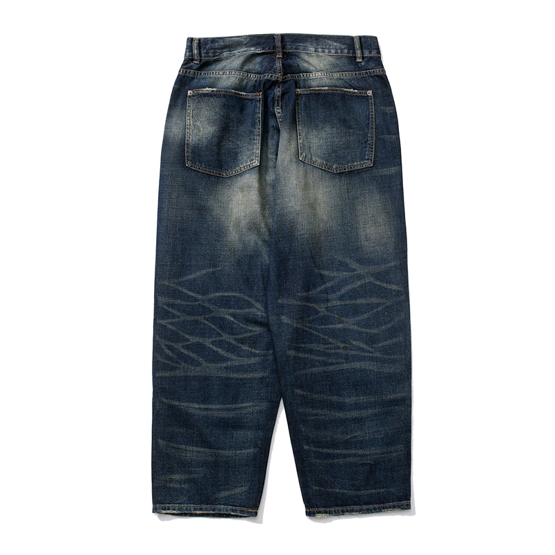 Workwear Washed Vintage Distressed Loose Straight Jeans