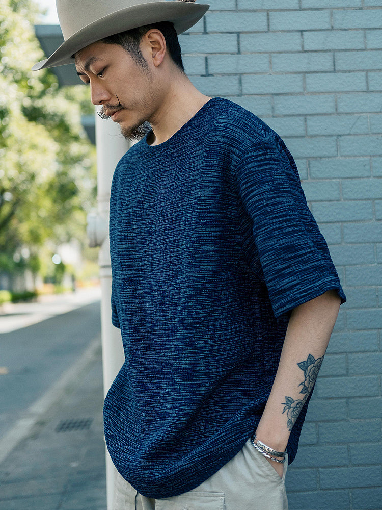 Original Japanese Retro Blue Dyed Sashiko & Kasuri Loose Fit Crew Neck Short Sleeve T-Shirt