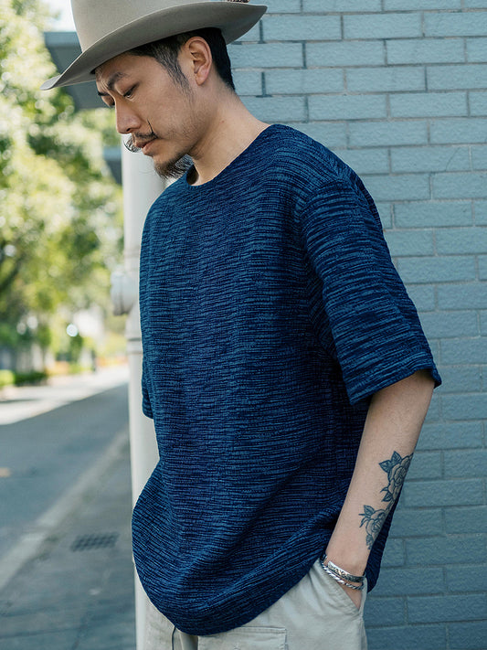 Original Japanese Retro Blue Dyed Sashiko & Kasuri Loose Fit Crew Neck Short Sleeve T-Shirt