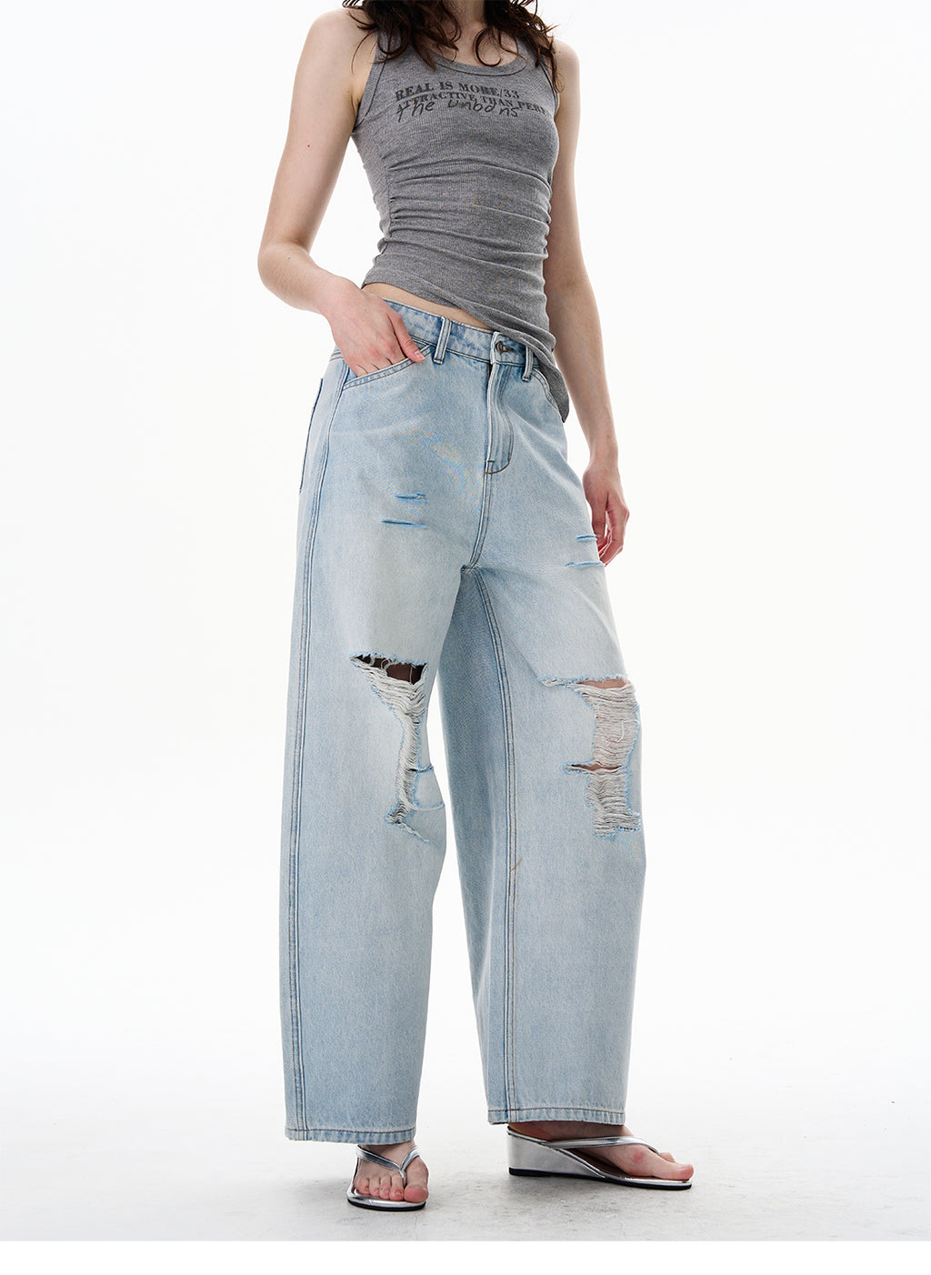 American Style Distressed Light Blue Jeans Trendy Brand Men's Cool Street Style High-End Pants
