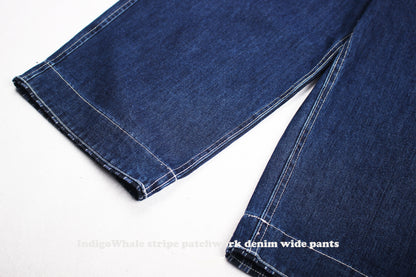 IndigoWhale Bamboo Denim Wide-Leg Patchwork Jeans – Heavy Wash, Drawstring Nine-Point Design