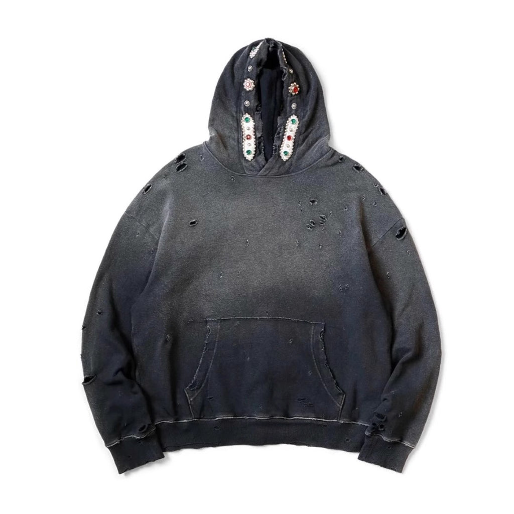 Bieber Same Style 25AW KAPITAL Kazuhiro Hirata Japanese Wax Dye Washed Destroyed Gemstone Hoodie