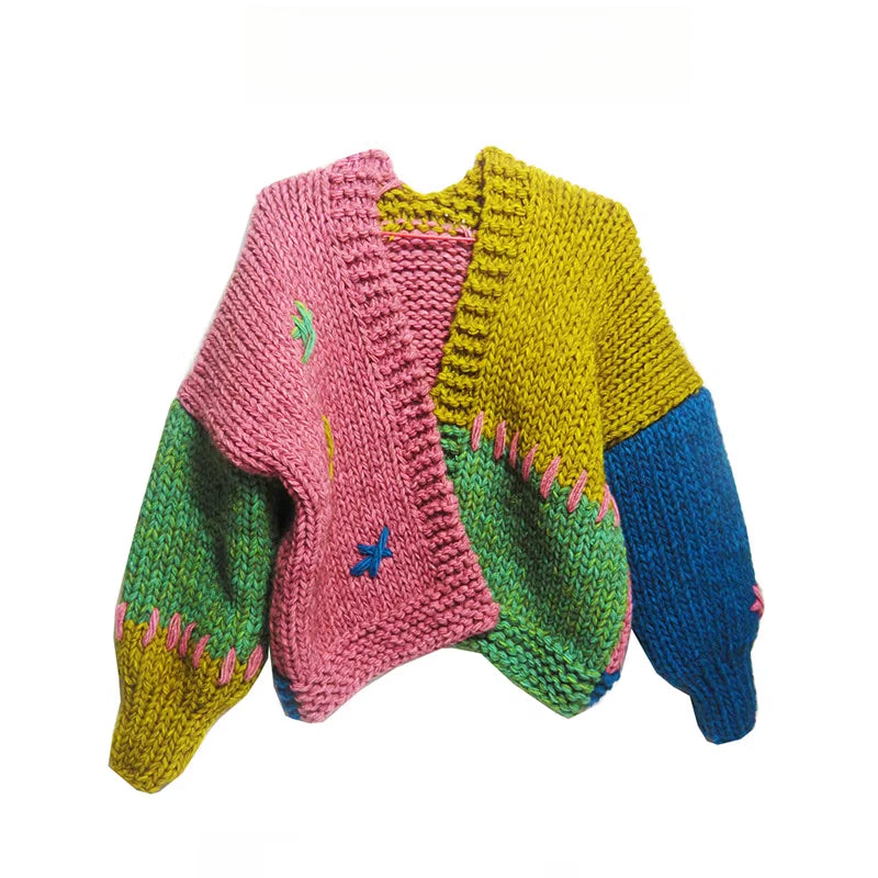 Original Handmade Knitted Lazy Thick Sweater Cardigan for Women Autumn Winter Color Block Patchwork Knitwear