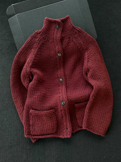 Mustard Green Cable-Knit Half-Turtleneck Sweater Coat - Thick Cardigan (Women)