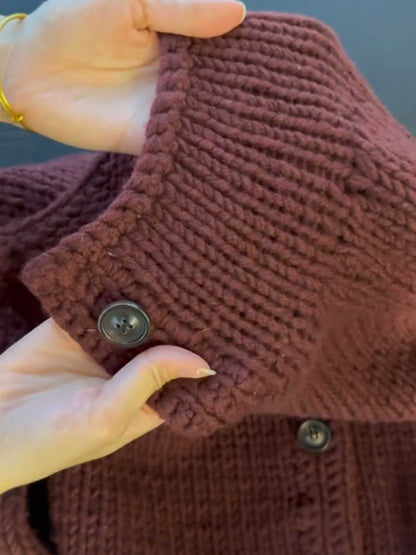 Mustard Green Cable-Knit Half-Turtleneck Sweater Coat - Thick Cardigan (Women)