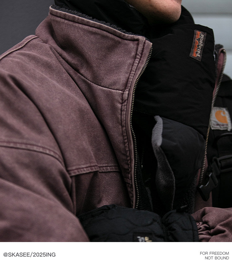 Heavy-Duty Washed Vintage Cotton Jacket - Lambswool Lined Stand Collar Coat (Men)