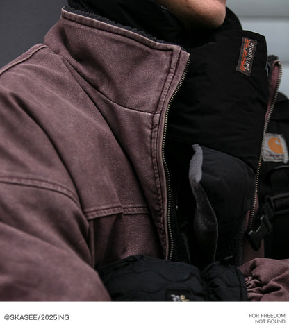 Heavy-Duty Washed Vintage Cotton Jacket - Lambswool Lined Stand Collar Coat (Men)