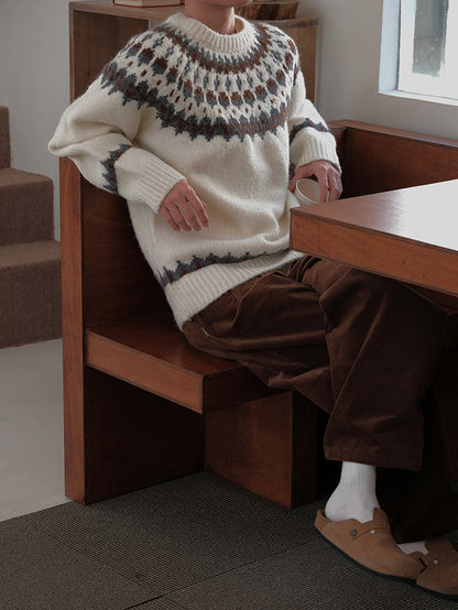 Coke Life CARPEM Winter Fair Isle Sweater - Thickened Coarse Knit Handmade Jacquard Round Neck Top