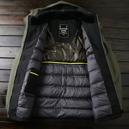 Men's Winter Outdoor 700 Fill Power Down Jacket - Windproof Waterproof Hooded Mid-Length Cold-Resistant Coat