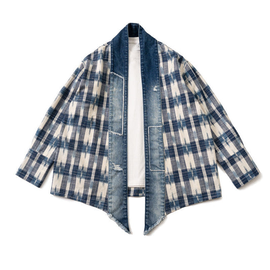 {{ Japanese Retro Cotton-Linen Yarn-Dyed Denim Patchwork Plaid Robe Jacket - Yamalin Loose-Fitting (Unisex) – Japanese vintage | yamalin clothes | Yamalinclothes }}