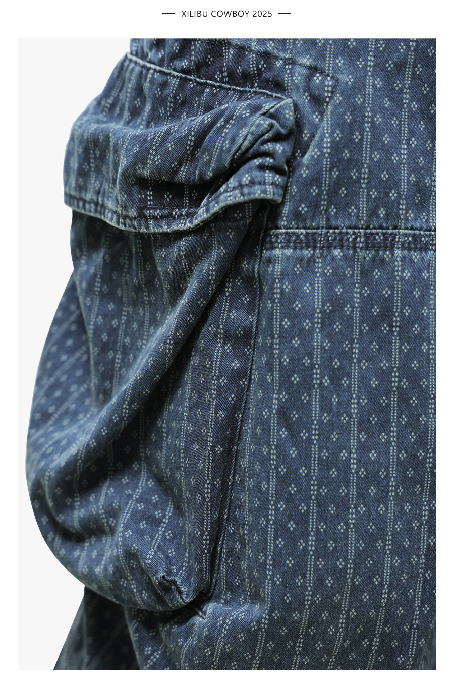 Blue Dyed Jacquard Loose Fit Scimitar Cropped Pants Japanese Retro Style with Large Pockets Casual Mid-Length Shorts