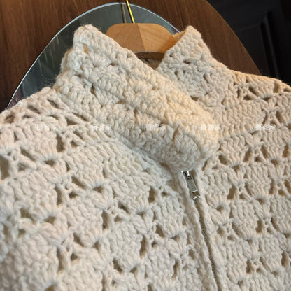 Women's Sweet Hollow Crochet Cardigan - Handmade Wool Blend Zipper Knitted Lazy Style Outerwear