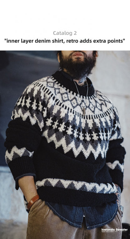 Madden Workwear Retro Icelandic Fair Isle Wool Sweater – Crew Neck, Autumn Weight (Men)