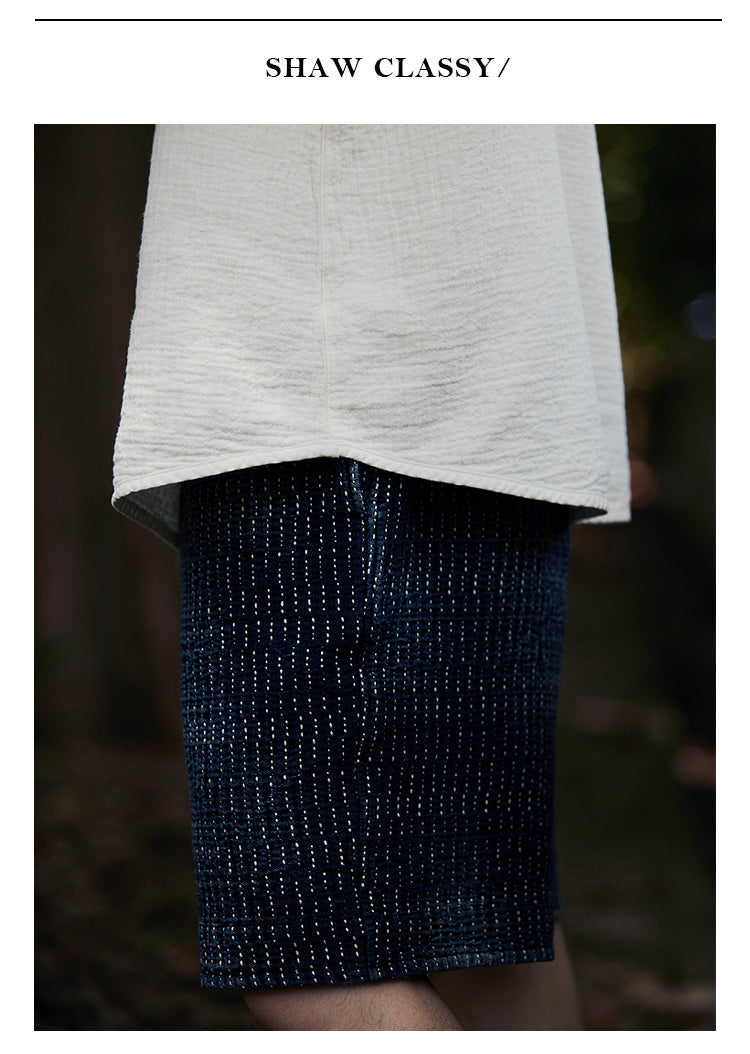 Original Japanese Retro White Sashiko Spring Summer Loose Couple Style Short Sleeve Embroidered Casual Three-Quarter Sleeve T-Shirt for Men