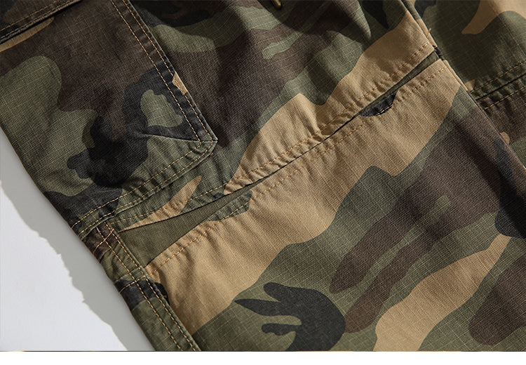 Men's American Street Retro Cargo Pants - Camouflage Heavy Washed Ripped Straight-Leg Pants