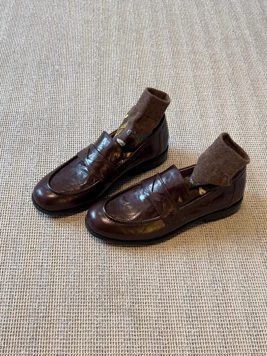 Women's Retro Genuine Leather Loafers - Sheepskin Slip-On Chunky Heel British Style Lazy Shoes