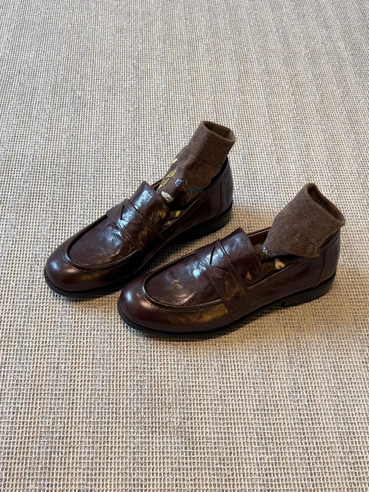 Women's Retro Genuine Leather Loafers - Sheepskin Slip-On Chunky Heel British Style Lazy Shoes