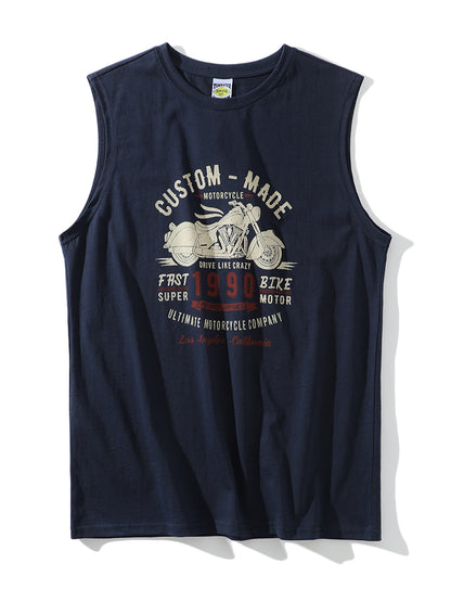 American-Retro Washed 100% Cotton Printed Sleeveless Vest – Trendy Summer Sports Casual Tee