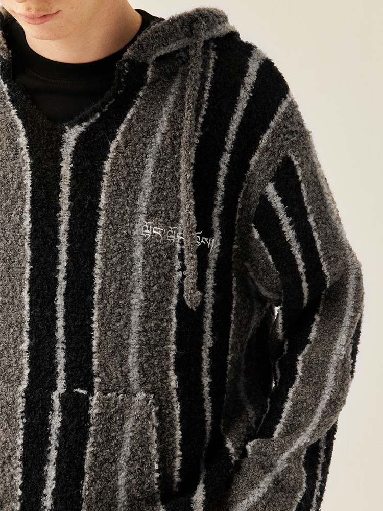 MEDRIA Retro Striped Wool Blend Tibetan Hoodie Autumn Winter Lazy Style Knitted Sweater Unisex Hooded Jacket