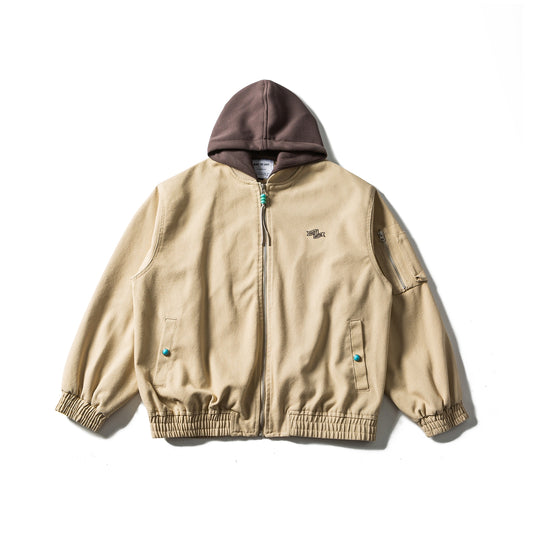 American Retro Detachable-Hood Workwear Bomber Jacket – Embroidered Washed Cotton (Unisex)