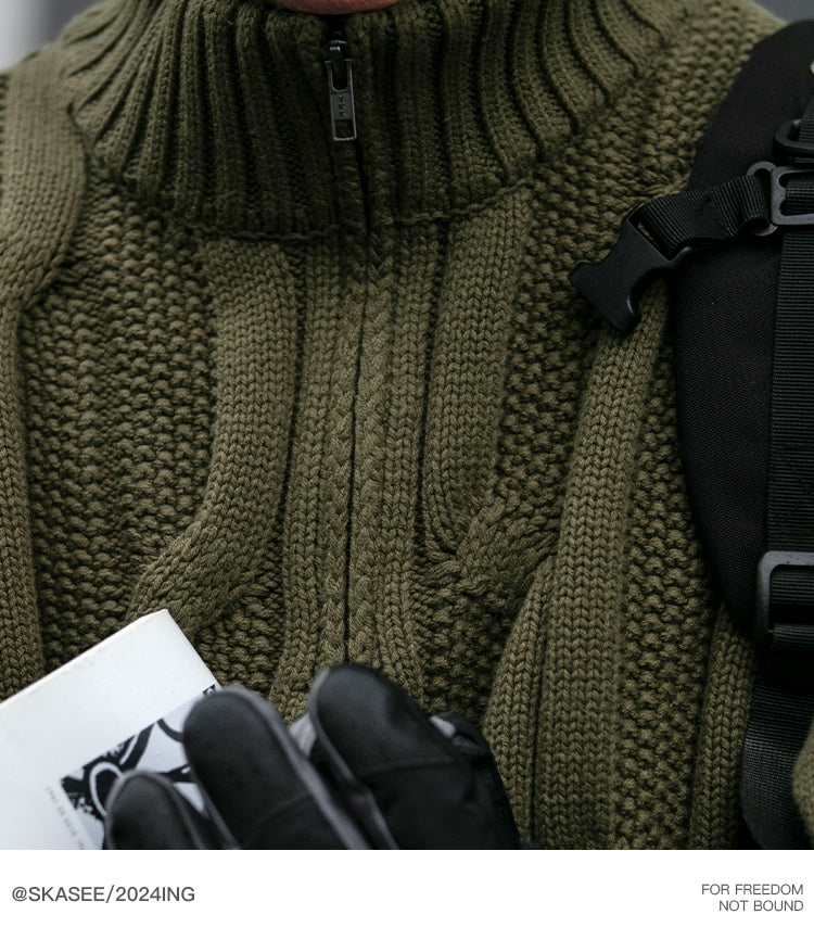 Men's Winter Heavyweight Cable Knit Sweater - American Retro Half-Zip Stand Collar