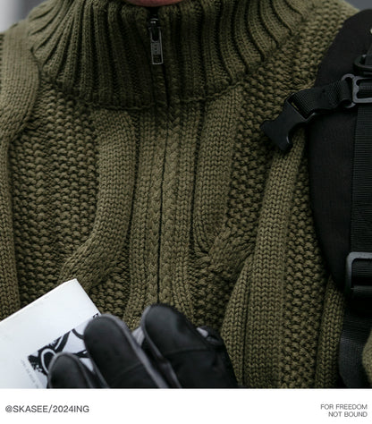 Men's Winter Heavyweight Cable Knit Sweater - American Retro Half-Zip Stand Collar