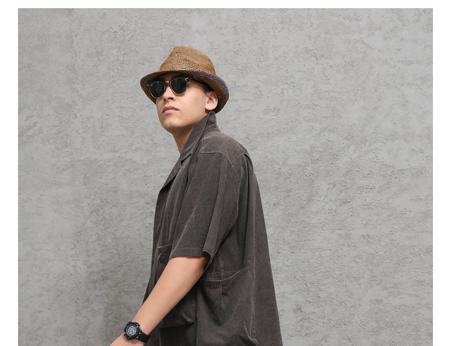 Wild Silk Cuban Collar Half Sleeve Shirt Men's Dye Yam Dyed Tussah Silk Aloha Retro Short Sleeve Shirt Summer