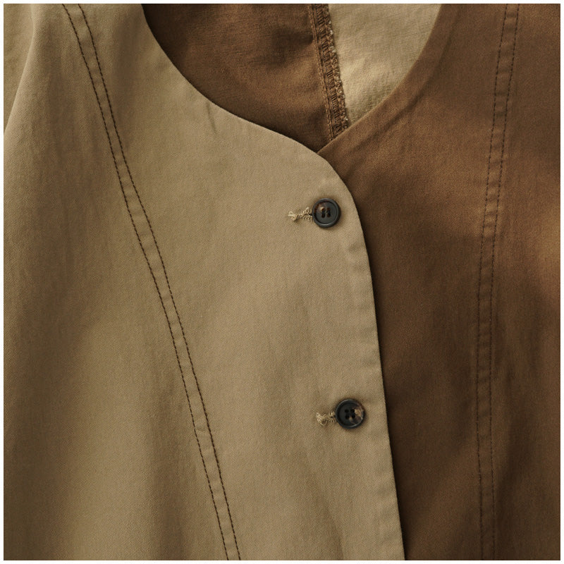 Color-Block Mid-Length Trench Coat – Japanese Retro V-Neck Single-Breasted Jacket
