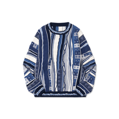 Medria Men's Retro Cleanfit Sweater - Bitter Melon Stripe Ethnic Texture Pullover