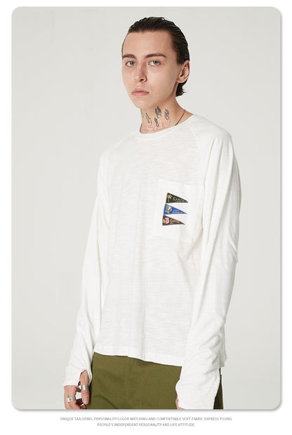 Japanese Style Flag Embroidery Loose Round Neck Men's Versatile Long Sleeve T-Shirt