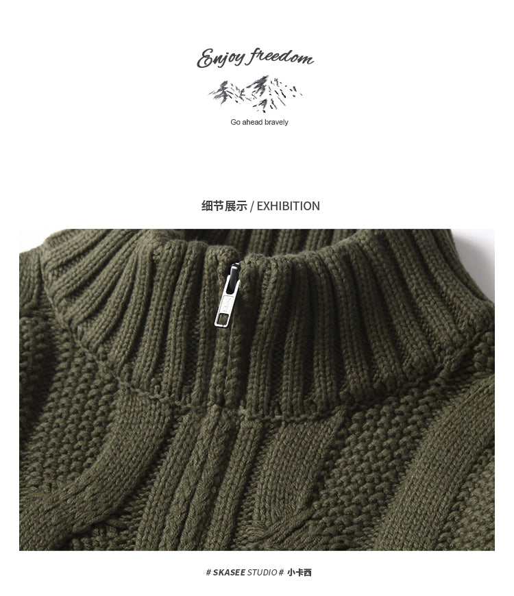 Men's Winter Heavyweight Cable Knit Sweater - American Retro Half-Zip Stand Collar