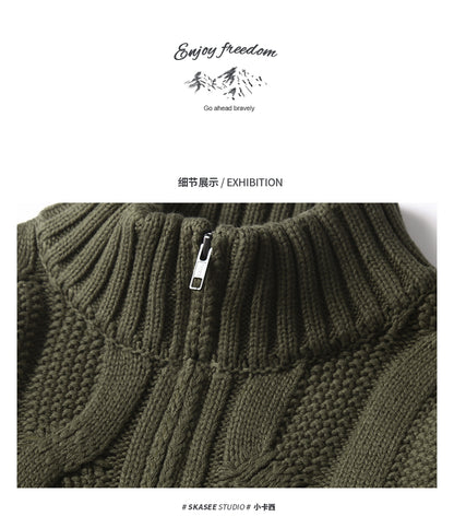 Men's Winter Heavyweight Cable Knit Sweater - American Retro Half-Zip Stand Collar
