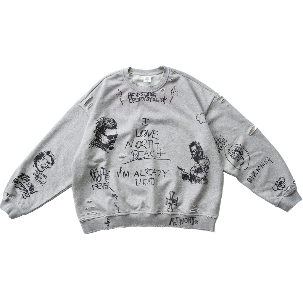 Retro Washed Graffiti Print Crewneck Sweatshirt – Distressed Loose Unisex
