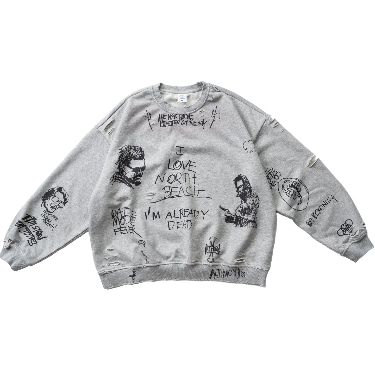 Retro Washed Graffiti Print Crewneck Sweatshirt – Distressed Loose Unisex