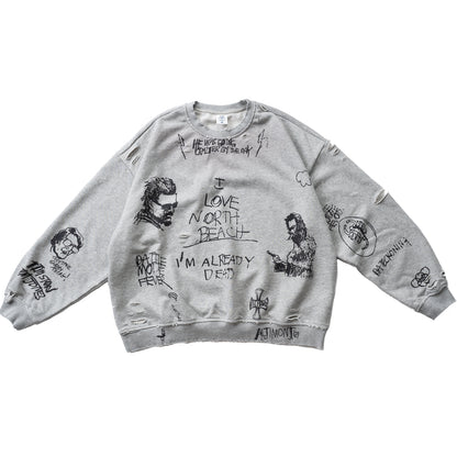 Retro Washed Graffiti Print Crewneck Sweatshirt – Distressed Loose Unisex