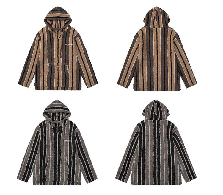 Medria Unisex Retro Striped Hoodie - Wool Blend Tibetan Style Lazy Knit Jacket