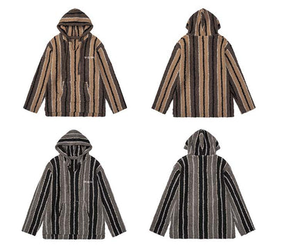 Medria Unisex Retro Striped Hoodie - Wool Blend Tibetan Style Lazy Knit Jacket