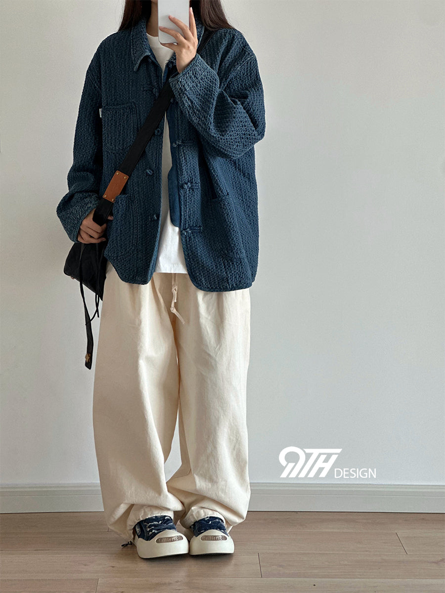 New Chinese Style Textured Jacket Washed Vintage Jacket Japanese Style Button Gradient Denim Loose Workwear Unisex