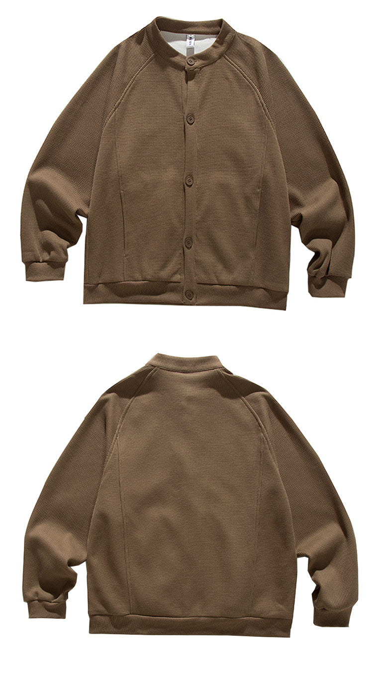 Heavyweight Japanese Waffle Henley Cardigan – Loose Raglan Sleeve Unisex Sweatshirt