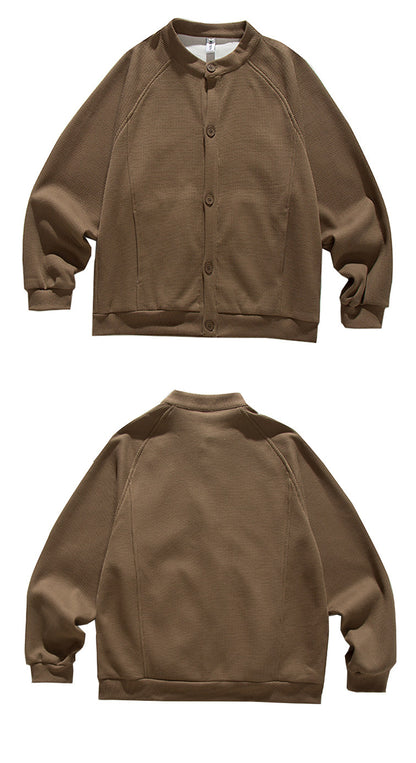 Heavyweight Japanese Waffle Henley Cardigan – Loose Raglan Sleeve Unisex Sweatshirt