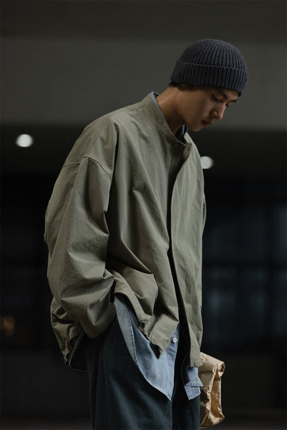 Washed Army Green Stand Collar Zip Jacket – Men's Loose Cargo Overshirt
