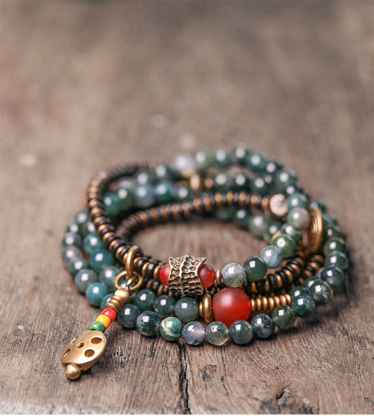 Agate & Brass Multi-Layer Beaded Bracelet – Retro Ethnic Unisex Jewelry