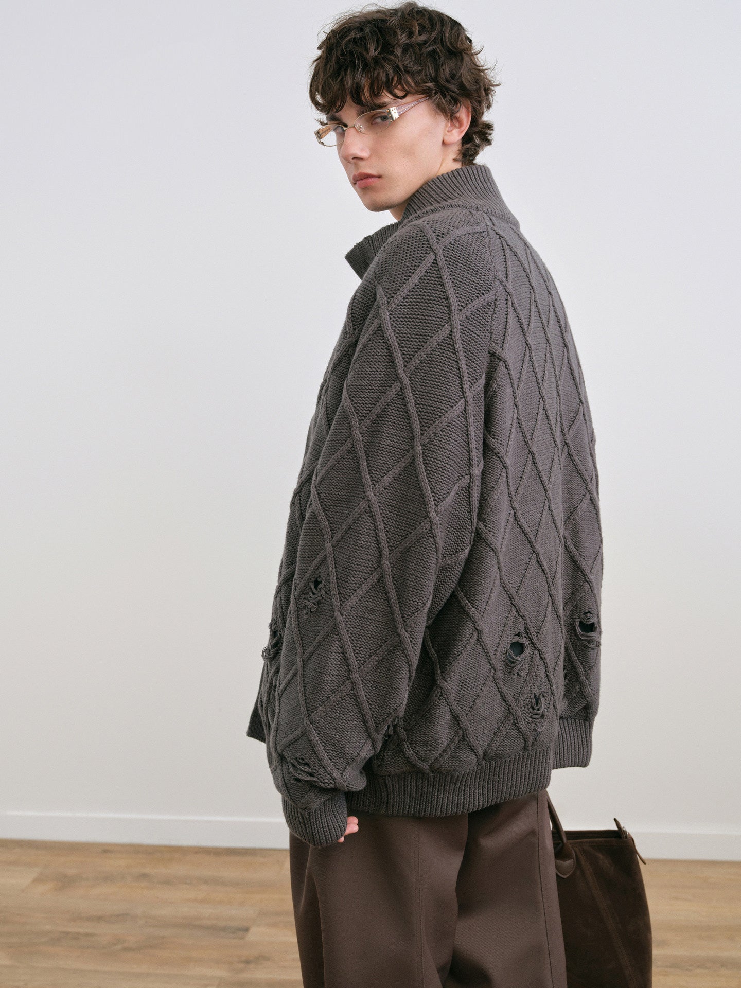 Diamond Jacquard Knit Down Jacket – Men's Oversized Sweater Puffer Coat