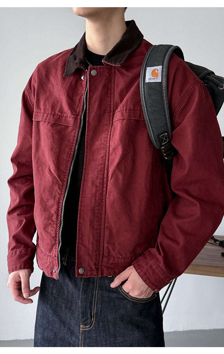 Cotton Canvas Jacket – Washed Red & Corduroy Collar | Yamalinclothes