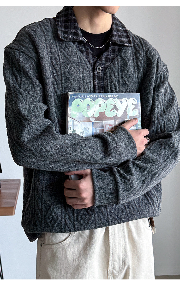 Wool Blend Patchwork Twisted Polo Collar Knit Jacket – Japanese Vintage Unisex – Sweater pullover | japanese streetwear | vintage workwear | unisex | Yamalinclothes