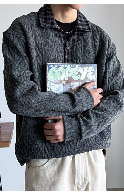 Wool Blend Patchwork Twisted Polo Collar Knit Jacket – Japanese Vintage Unisex – Sweater pullover | japanese streetwear | vintage workwear | unisex | Yamalinclothes