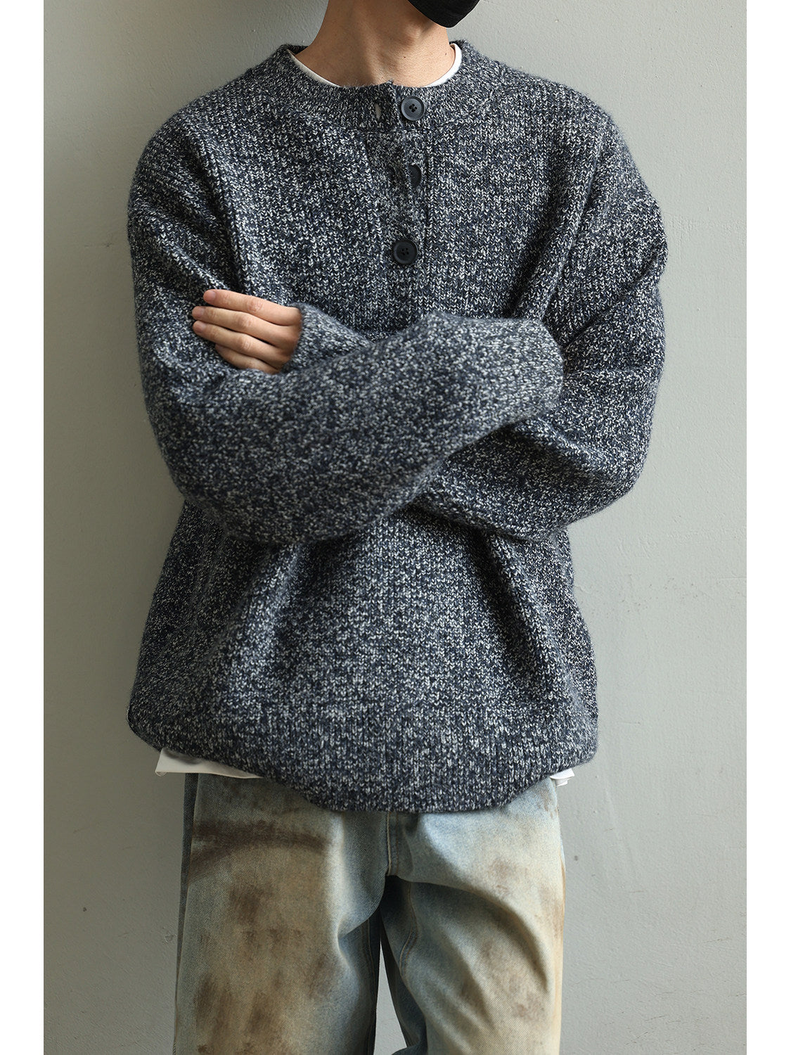 Retro Henley Knit Sweater – Lazy Style Crew Neck Men – Japanese vintage | yamalin clothes | Yamalinclothes